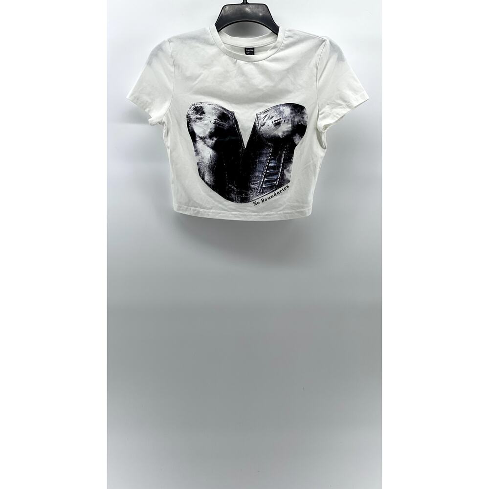 SHEIN Women's White-Black Corset Print No Boundaries Crewneck Cropped Top SZ 6